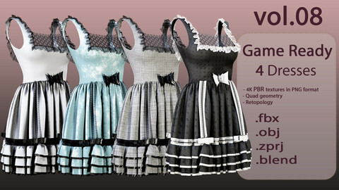 4 Dresses (low poly) vol_08:marvelous designer+obj+fbx+blender+pbr textures
