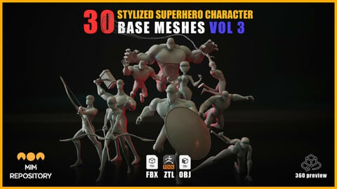 30 Stylized Superhero Character Base Meshes