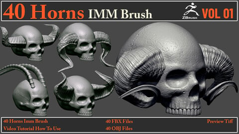 40 Horns IMM Brush + 40 FBX & OBJ Files + Video How To Use