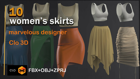 10 women's skirts-marvelous designer/clo3d project file+obj+fbx