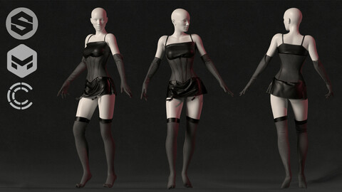 Satin Black Dress : Marvelous Designer + Clo3d + OBJ + FBX + Texture