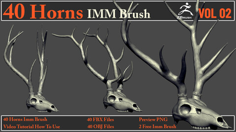 40 Horns IMM Brush VOL 02+ 40 FBX & OBJ Files + Video How To Use