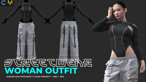 Marvelous Designer / Clo3d project+OBJ+FBX Streetwear Woman Outfit