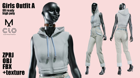 Girls_Outfit_A-Marvelous designer+Clo3D (ZPRJ,FBX,OBJ) +texture