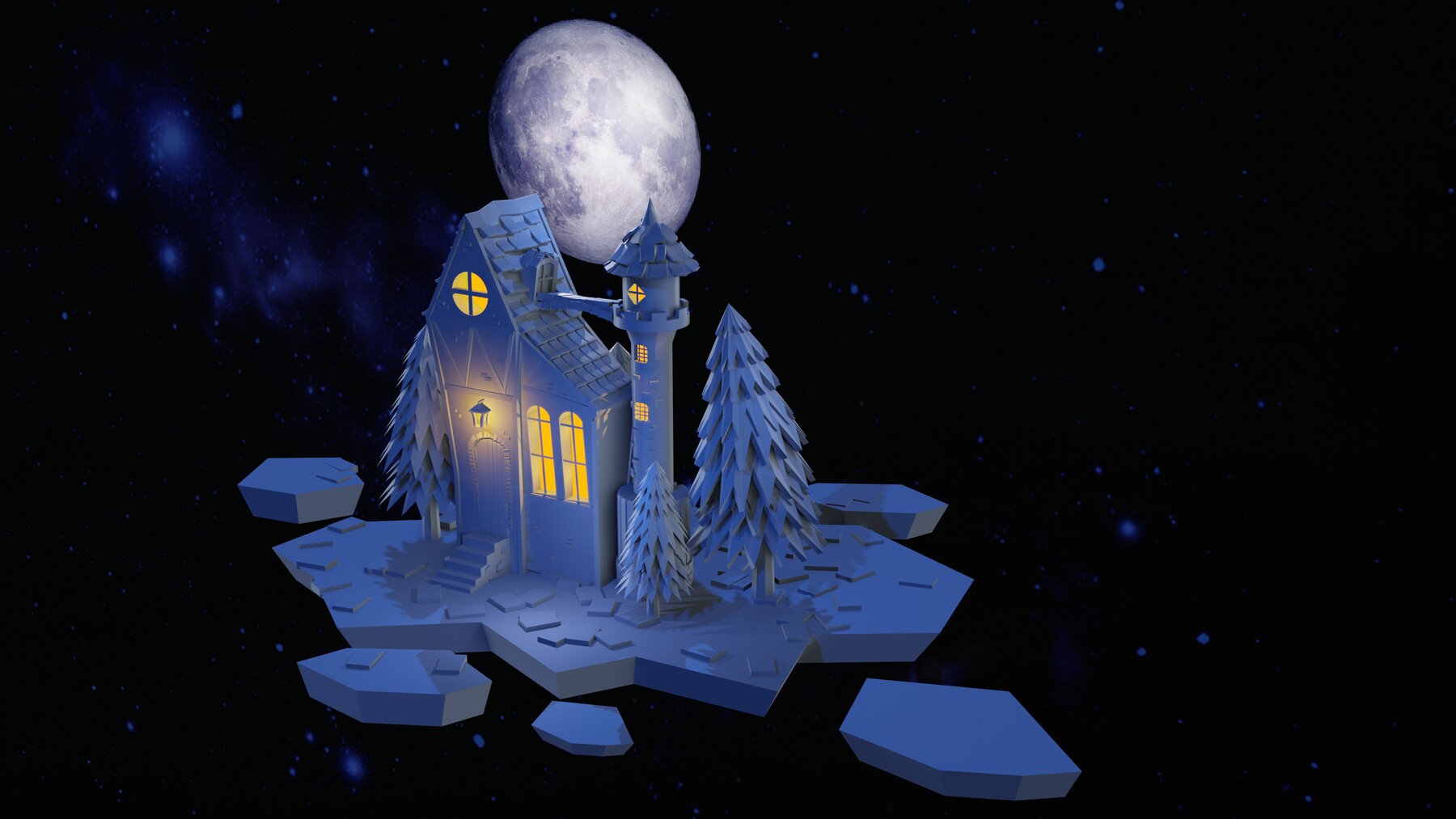 ArtStation Night house on the background of the moon Game Assets