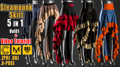 5 Steampunk Skirt + Clo3D/Marvelous + Video Tutorial + ZPRJ + OBJ Vol.01