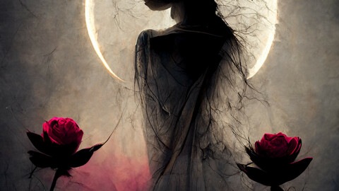 Girl, dark background, rose, angel, moon