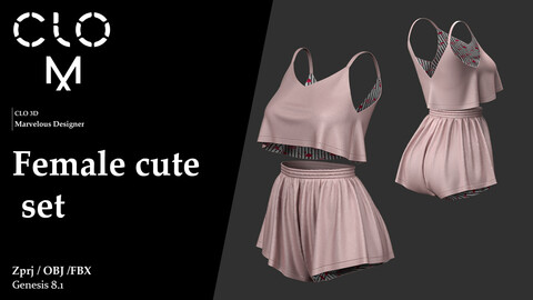 Female  cute set  / Marvelous Designer/Clo3D project file + OBJ