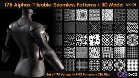 175 Alphas, Tileable, Seamless Patterns + 3D Model Patterns + OBJ | Multi Purpose