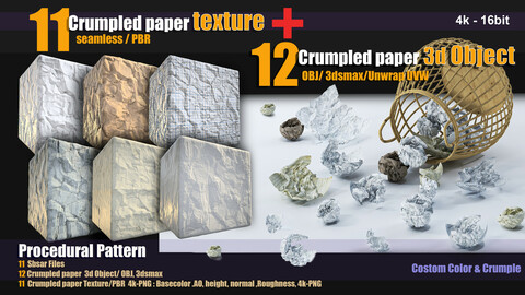 11 crumpled paper PBR texture and 12 crumpled paper 3d Object