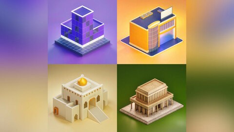 4 low-poly stylized buildings - Blender format