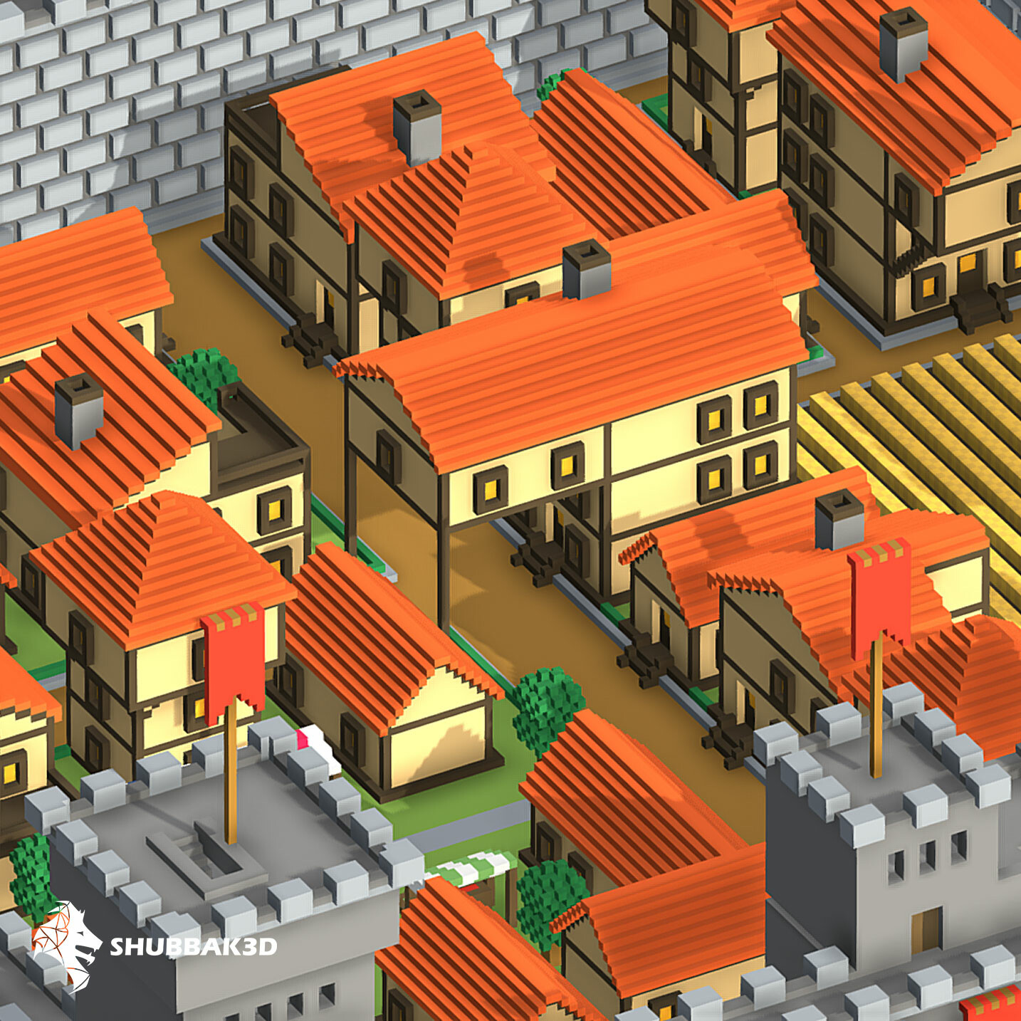 Artstation voxel medieval castle town game assets