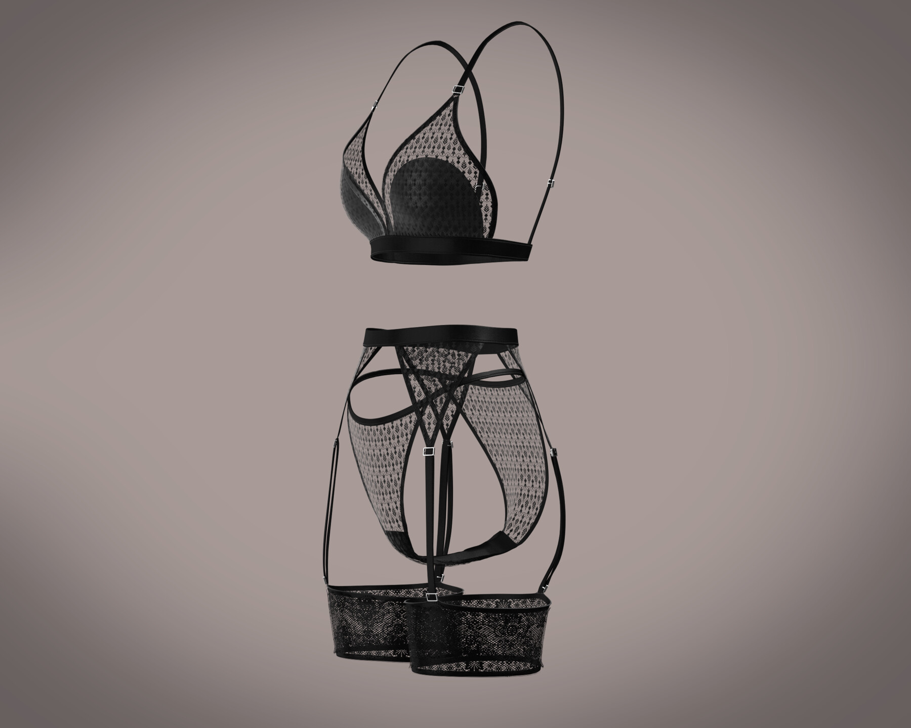 Ladies Lingerie Set-Black Sateen 3D model