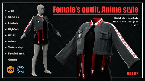 Female’s Outfit – Anime Style / Marvelous Designer Clo3d Project + OBJ , FBX (Game Ready)