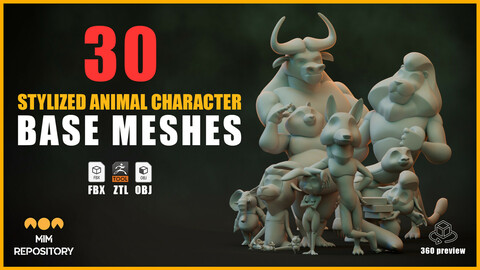 30 Stylized Animal Character Base Meshes