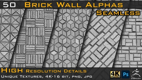50 Seamless Brick Wall Alphas (4k- 16bit )