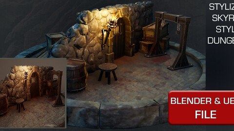 Stylized Skyrim Style Dungeon Scene Environment Blender & Unreal Engine 5 Pack