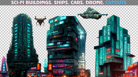 Sci-Fi Cutouts Buildings, Drone, Cars, Ships, Signboards - PNG Photo Pack