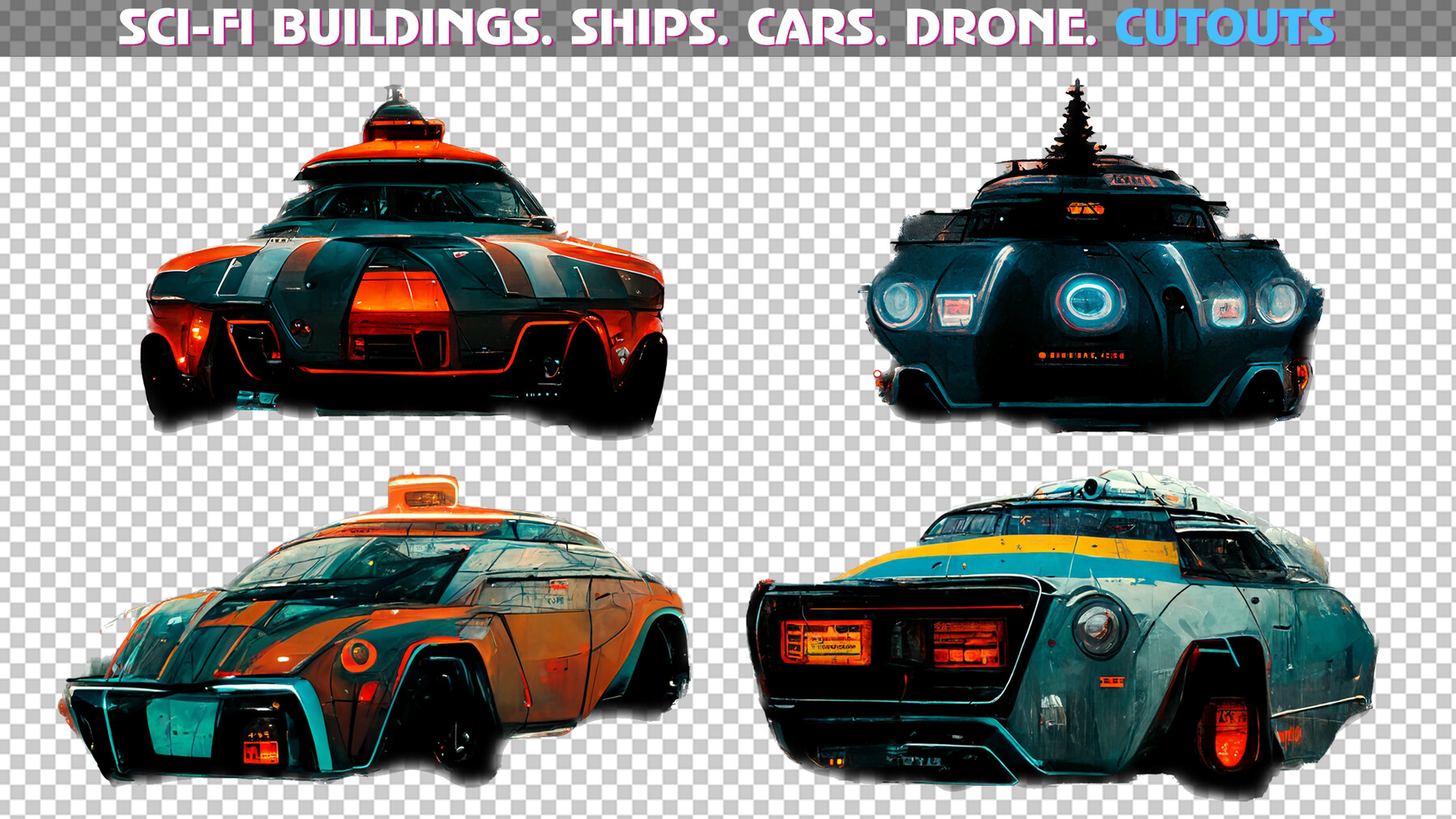 ArtStation SciFi Cutouts Buildings, Drone, Cars, Ships, Signboards