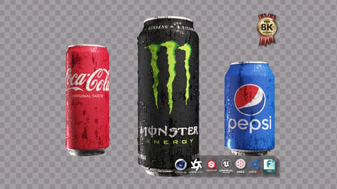 Coke, Monster, and Pepsi Soda Cans 3D Models