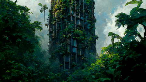 Skyscrapers overgrown by jungle