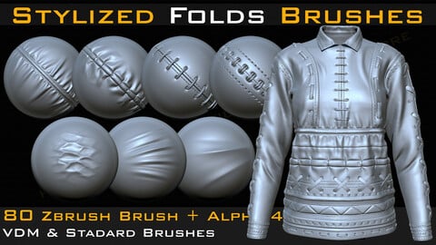 80 Stylized Fold and Seam, Stitch Brushes & Alpha (4k-16bit)