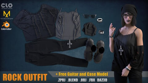 Rock Outfit + Free Guitar and Case / Daz3D / Clo3D / Blender / obj / fbx