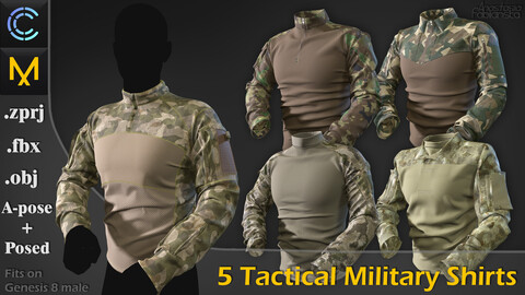 5 Tactical Military Shirts|Marvelous Designer/Clo3D Projects+OBJ+FBX (A-posed+posed)