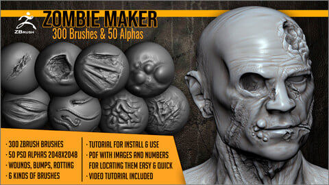 Zombie Maker 300 ZBrush Brushes And 50 Alphas