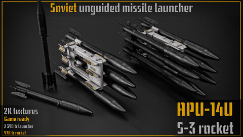 Game ready model set of soviet APU-14U unguided missile launcher and S-3 unguided missile