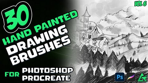 30 Hand Painted Pen, Pencil and Charcoal Brushes for Photoshop and Procreate - Vol 6