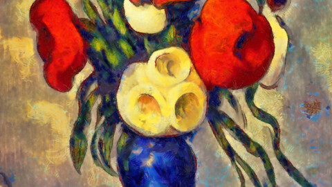 A blue vase of roses on a table