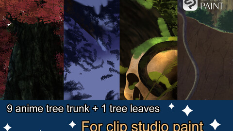 anime tree trunk +1 leaf and 9 pngs for clip studio paint