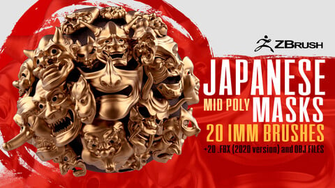 20 Mid-poly japanese traditional theatrical masks base mesh IMM brush set for Zbrush, FBX and OBJ files.
