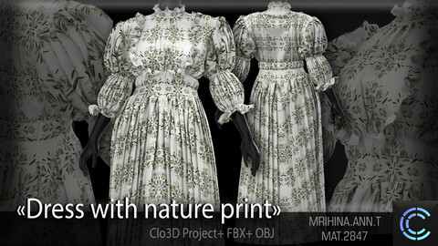 Dress with nature print. Clo3D. Marvelous Designer.