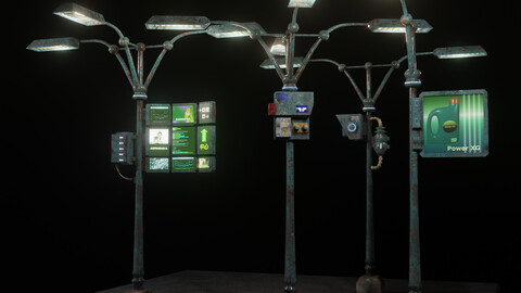 Low poly cyber punk streetlight set for games and rendering