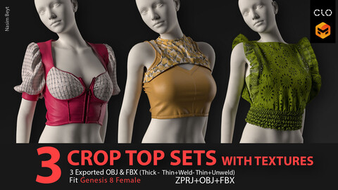 3 Different Female Crop Top Sets (VOL 01) with Texture. Marvelous Designer/Clo3D project file+OBJ,FBX