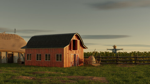 Stylized farm house village scene landscape