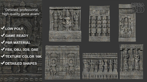 Low poly Ancient Hindu Temple Wall modular Ultra HD 16K Texture - 221009
