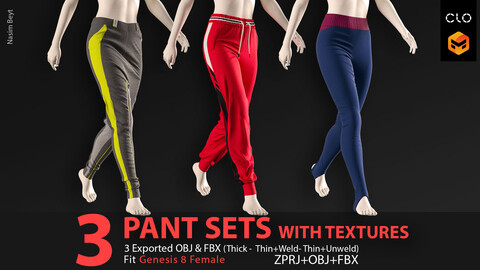 3 Different Female's Pant Sets (VOL 01) with Texture. Marvelous Designer/Clo3D project file+OBJ,FBX