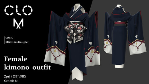 Female kimono outfit  / Marvelous Designer/Clo3D project file + OBJ