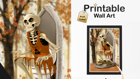 Printable Halloween Wall Art | Skeleton Pooping Original Artwork Print