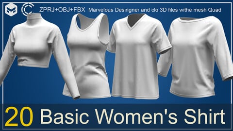 20 Basic Women's Shirt-Marvelous Designer /Clo3d project file +OBJ+FBX-Quad Mesh