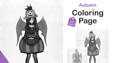 Printable Grayscale Coloring Pages for Adults | Halloween Pumpkin Bat Girl Coloring Pages