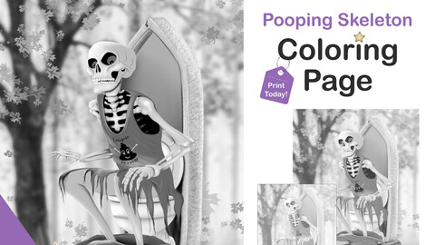 Printable Grayscale Coloring Pages for Adults | Halloween Pooping Skeleton Coloring Pages