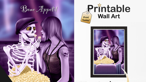 Printable Halloween Wall Art | Skeleton & Female Zombie Original Artwork Print