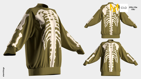 Streetwear Bones Sweater #003 - Clo 3D / Marvelous Designer + OBJ / DIGITAL FASHION / HYPEBEAST / FUTURE FASHION