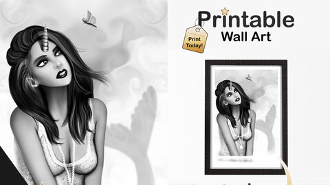 Printable Fantasy Wall Art Female Mermaid Narwhal Original Art Print | Black and White Female Wall Art Prints