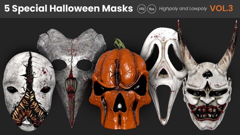 5 Special Halloween Masks (Highpoly and Lowpoly) Vol. 03