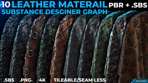 10 Leather Substance Designer Graph + PBR Textures Set (4k/ .Png/ Tileable-Seamless)